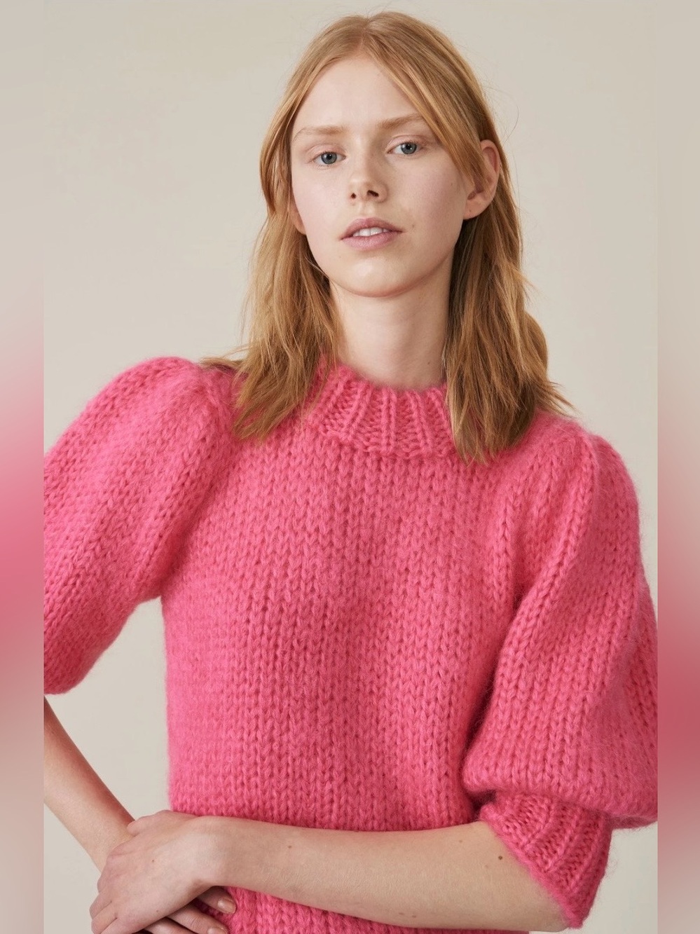 Ganni Hot Pink Puff-Sleeve Turtleneck Sweater